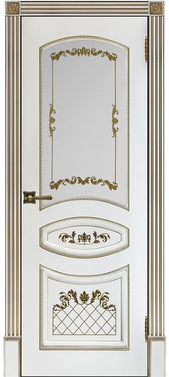 Межкомнатная дверь Алина-2 эмаль белая патина золото, стекло