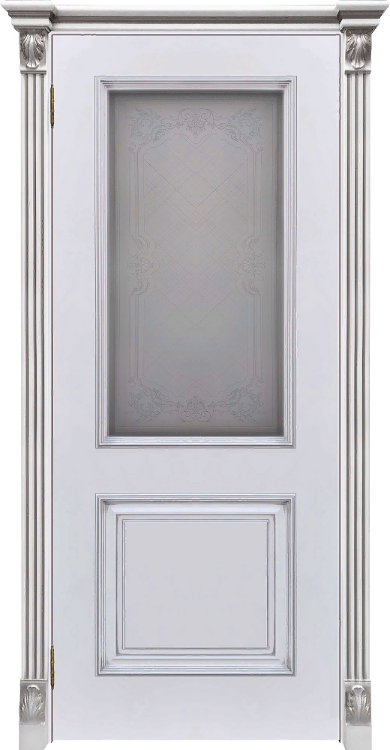 Межкомнатная дверь Итало Багет-32 эмаль белая патина серебро, стекло