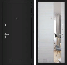 Входная металлическая дверь CLASSIC шагрень черная с Зеркалом - Акация светлая горизонтальная